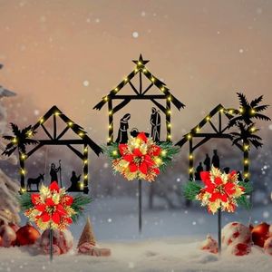 Baquler 3 Pack Christmas Lighted Solar Stake Lights LED Nativity Scene Metal Stake with Poinsettia Decorative Nativity Scene Outdoor Solar Christmas Decorations Outdoor for Yard Garden Lawn Decor