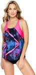 Reebok Women's Swimwear Urban Glowstick Strappy Back Scoop Neck Soft Cup Tankini Bathing Suit Top, Pink, M