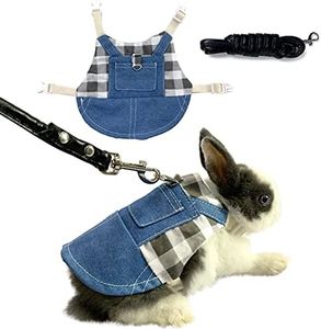 Vehomy Rabbit Harness and Leash Small Animal Clothes for Rabbit Guinea Pig, Bunny Plaid Harness Leash Guinea Pig Blue Denim Black and White Plaid Dress for Kitten Chihuahua and Other Small Animals S