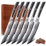 Sunnecko Damascus Steak Knives Set of 6 Non Serrated, Japanese VG10 Stainless Steel Steak Knives Dishwasher Safe, 5 Inch Steak Knives G10 Handle with Acacia Wood Gift Box