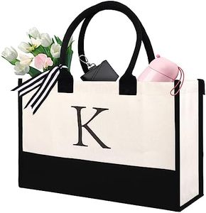 Lainlight Initial Canvas Tote for Women Unique Gifts Reusable Beach Tote for Travel Holiday Birthday Bridal Shower Gifts with Personalized Letter K