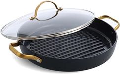 GreenPan Reserve Hard Anodized Healthy Ceramic Nonstick, 11" Grill Pan with Lid, Gold Handle, PFAS-Free, Dishwasher Safe, Black