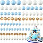 120Pcs Ball Cake Topper Decorations, BetterJonny Mini Balloons Cake Topper Sticks Foam Balls Cake Picks Insert Topper for Birthday Baby Shower Wedding Party Cake Decorating（White, Gold, Blue）