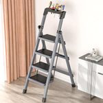 VISCA Ladder for Home 4 Steps Foldable Stairs, Folding Step Stool with Wide Anti-Slip Pedal, 7 Year Manufacturer Warranty 150kg Convenient Handgrip, Lightweight, Portable (Stainless Steel, 4 Step)