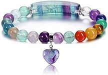CrystalTears Fluorite Chakra Healing Crystal Bracelet 8mm Stone Bead Gemstone Bracelet Energy Heart Charm Anxiety Stretch Bracelets Jewellry Crystal Valentines Gifts for Mum Women Mothers Day