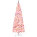 HOMCOM 7.5 Foot Prelit Snow Flocked Artificial Christmas Tree with Pencil Shape, Pine Realistic Branches, Warm White LED Lights, Auto Open, Pink and White