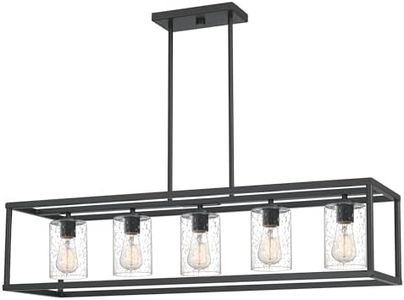 Quoizel New Harbor Outdoor Linear Chandelier, 5-Light Old Bronze Fixture with Clear Seeded Glass, Damp Rated for Patio or Porch