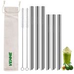 VEHHE Reusable Boba Straws 0.5" Wide Smoothie Straws Metal Straws with Case, 6pcs Stainless Steel Straws(9.5inches, 8.5inches) with 2 Brushes, Great for Bubble Tea, Milkshakes and Boba Pearls