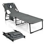 Giantex Beach Chaise Lounge Chair, Patio Folding Recliner with Face Cavity Hole, Detachable Pillow, Arm Slots, Storage Pouch, Portable Tanning Chair for Poolside Adjustable Sunbathing Chair(1, Gray)