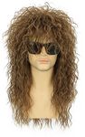 Karlery 70s 80s Rocker Metal Mullet Wig Mens Long Curly Light Brown Party Wig Halloween Costume Anime Wig