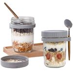 Jogoico Overnight Oats Jars 2pcs Overnight Oats Containers with Lid & Spoon, 12 oz Glass Mason Jars with Measurement Mark, Large Capacity Airtight Breakfast Jars for Oatmeal Cereal Milk Fruit - Grey