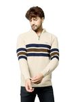 Kvetoo Men High Neck Zip Full Sleeve Woolen Winter Sweater White Beige Brown Size XL