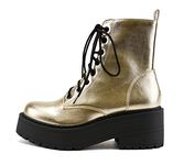 Soda FLING Women Chunky Lug Sole Lace up Fashion Combat Ankle Boot w/Side Zipper, Gold Metallic Pu, 5.5 UK