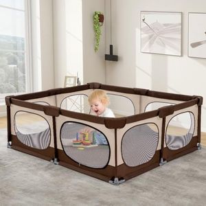 Playpals Baby Playpen, 150x180CM Play Pen for Babies & Toddlers, Large Baby Play Yards with Soft Breathable Mesh, Baby Activity Play Fence Indoor Outdoor, Durable Zippered Door, Brown