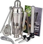 Oak & Steel - 10 Piece Premium Stainless Steel Cocktail Making Gift Set - Recipe Book, Shaker, Strainer, Muddler, Double Jigger & Pourers for Home and Bar Party, Bartender Tool Kit