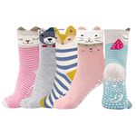 PUTUO Girl's Non Slip Socks: Children's Cotton Sports Socks with Grip Novelty Animal Non Slip Socks for Kids, Age 8-11, 5 pairs