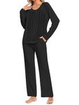 Famulily Women 2 Piece Long Sleeve Pleated Pajama Sets O Neck Warm Sleepwear Plus Size Autumn Outfits Black L