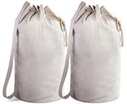 Canvas Duffel Bag - Drawstring, Leather Closure, Shoulder Strap., Natural, 28" x 14", Traveling