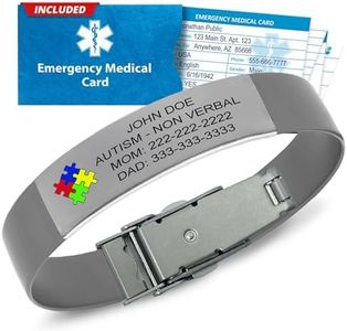 Universal Medical Data Autism Medical ID Bracelet for Kids – Custom Laser Engraved ID, Silicone Band & Stainless Steel Plate - Medic Alert Bracelet with Emergency Card & Health Record Access - Grey