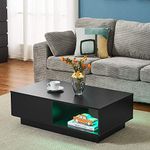 Panana Wooden Coffee Table with Storage Drawer and Shelf Wood Sofa Side End Table with LED Lighting Home Office Living Room Furniture Black