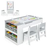 HONEY JOY Kids Table and Chair Set, 3 in 1 Wood Arts and Crafts Activity Table w/Paper Roller, 6 Paint Cups & Storage Canvas Bins, Children Learning Furniture, Toddler Table and Chair Set (Gray)