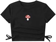 SHENHE Girl's Mushroom Print Short Sleev Crop Tops Ruched Drawstring Tee T Shirts Black 11-12Y