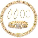 FUNOJOY Cuban Link Chain Jewelry Sets for Women Rhinestone Hoop Earrings Necklace Bracelet Set Bling Diamond Hip Hop Jewelry for Women Girls, Brass, No Gemstone