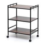 Livzing Wooden 3 Tier Kitchen Storage Rack Trolley with Wheels Height Adjustable Storage Racks with Plastic Hooks Vessels-Dish-Spice-Cutlery-Vegetable Stand Multipurpose Shelf Organizer Cart for Home