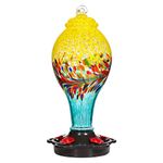 LUJII Hand Blown Glass Hummingbird Feeder for Outdoors with Ant Moat, Leak Proof & Rustproof, 36oz, Metal Base Cover with 5 Feeding Ports & 5 Perches, Glass Art for Garden Decor (Blue Mixed Yellow)