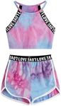 Milumia Girl's 2PCS Outfit Letter Tape Halter Cami Crop Top and Dolphin Shorts Set Blue and Pink 7Y