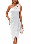 PRETTYGARDEN Women's One Shoulder Ruched Bodycon Dress 2024 Summer Cutout Slit Wrap Party Cocktail Midi Dresses (White,Medium)