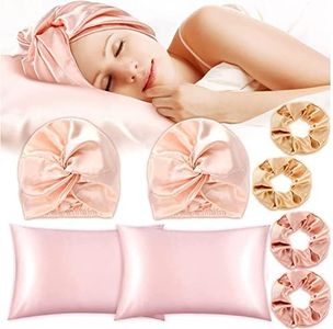 8Pieces Satin Bonnet Silk Cap Pillowcase Scrunchies Set, Natural Silk Night Bonnet Silk Hair Wrap with Elastic Stay On Head, Silk Pillow Cases Elastic Silk Ponytail Holders for Women Girls