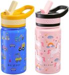 Kids Insulated Water Bottle, BUZIO 14oz Stainless Steel Water Bottles with Straw Lid, Vacuum Double Wall Leak Proof Lead-Free BPA-Free Drink Flask for School Boy Girl (Pink Unicorn+Blue Car)