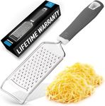 Zulay Kitchen Professional Cheese Grater Stainless Steel - Durable Rust-Proof Metal Lemon Zester Grater With Handle - Flat Handheld Grater For Cheese, Chocolate, Spices, And More - Grey