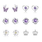 GUROTD 6 Pairs Sterling Silver Stud Earrings for Women Girls 925 Silver Stud Earrings Tiny Flower Heart Butterfly Stud Earrings Hypoallergenic Cubic Zirconia Diamond Cartilage Stud Earrings Set