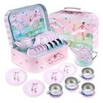 Jewelkeeper 15 Piece Girls Pretend Toy Tin Tea Set & Carrying Case - Ballerina Design