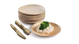 75pcs - Palm Leaf Plates and Wooden Cutlery Set [25x Large Round Plates, 25x Forks, 25x Knives] Disposable Wooden Biodegradable Paper Plates Wedding Party Rigid Paper Wedding Plates