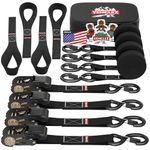 Vehiclex Ratchet Tie Down Straps – 15 Ft Long - Upgraded 2200 lb Break Strength – 4 Pk Black Motorcycle & Powersports Tie-Downs & Soft Loops, Vinyl Coated Full Bent Closed S-Hook & Rubber Handle