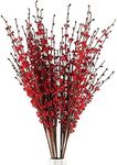 10Pcs 29.5" Long Artificial Flower Winter Jasmine Folk Pip Berry Plant Dry Branches for Wedding Home Office Party Hotel Table Vase Christmas Decor - Red