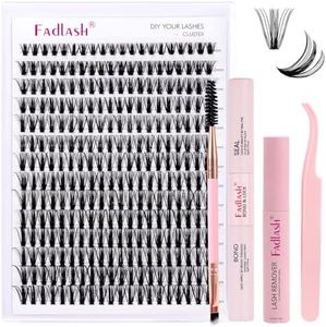 Fadlash Eyelash Extension Kit 0.07 D 8-16mm 50D Wispy Lashes Cluster Lashes Glue Bond And Seal With Tweezers&Eyebrow Brush Eyelash And Lash Adhesive Remover DIY At Home