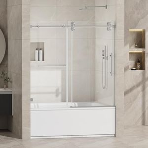 Bathtub Frameless Sliding Shower Door, Single Bathroom Shower Door, 56-60" W× 60" H, 3/8"(10mm) Clear Glass, Tub Door Bathtub Glass Door (Brushed Nickel, 60 * 60)