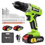 Conentool 21V Cordless Drill with 2 * 2000mAh Batteries, 45N.m Electric Drill, 0-650/0-1850rpm 2 Speed Combi Drills, 25+1 Torque Setting Power Drill, 36pcs Accessories Electric Screwdriver Set, Green