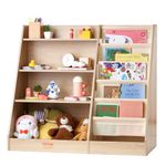 VEVOR 4-Tier Kids Wooden Bookshelf, Six-Layer Sling Bookcase, Baby Storage Book Rack, Book Toy Organizer Cabinet, for Kids Room, Playroom, Kindergarten, Nursery