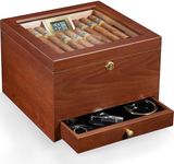 Flauno Cigar Humidor, Holds 40-70 Cigars, Air Circulation and Humidification System, Glass Top Humidor Cigar Box with Lock and Drawer, Accurate Digital Hygrometer, Thick Spanish Cedar