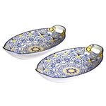 Nestasia Set of 2 Dark Blue Mandala Ceramic Long Dish with Handles for Serving Snacks, Appetizers, Salads, and Noodles | Microwave Safe, Dishwasher Safe (10.8 Inch)