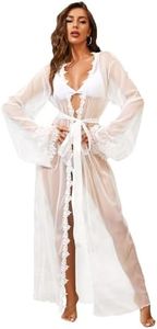 RSLOVE Women Lace Robe Sexy Lingerie Long Kimono Robe Mesh Chemise Sheer Gown Cover Up White S