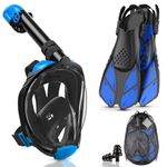 Lealinga Snorkel Set Adults Full Face Snorkel Mask with Flippers, Snorkeling Mask & Swim Fins, Panoramic View Snorkel Mask Fins Anti-Fog Anti-Leak Foldable Design with Carrying Bag