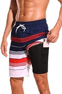 difficort Mens Swimming Trunks with Compression Liner Quick Dry Board Shorts Swimsuit with Zipper Pockets,Navy+Red+White,Small