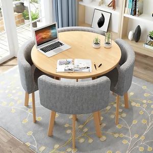 WOOOFA Round Dining Table Set for 4, Faux Marble Conference Table and Chairs Set, Kitchen Table Chairs Set with Strong Metal Frame, Space-Saving, Office Table and Chair Set for Home and Apartment