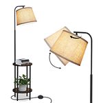 DEWENWILS 62 inch Modern Floor Lamp with End Table, Standing Tall Light with Wood Storage Shelves, Fabric Linen Shade Reading Lamp for Bedroom, Living Room, Guest Room, Office, Kids Room